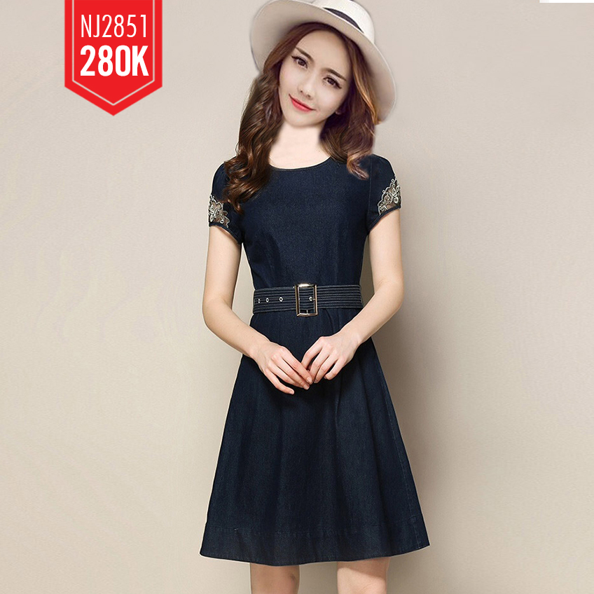 ĐẦM JEAN XÒE TAY PHỐI REN HOA KÈM THẮT EO